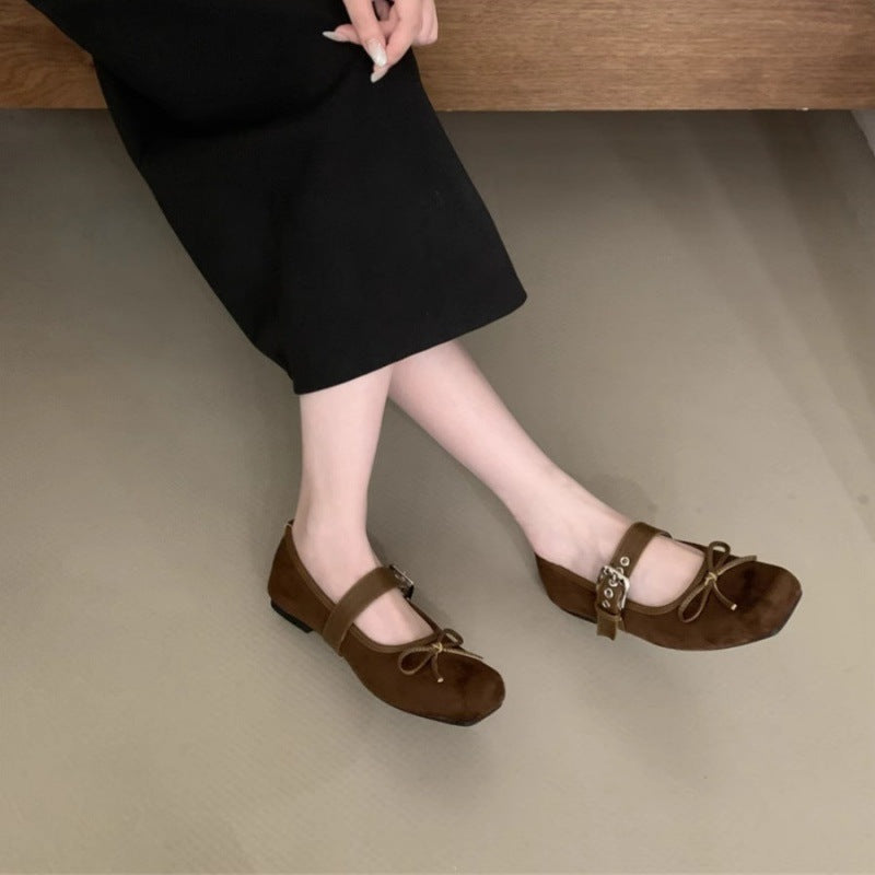 Flat Bow Ballet Silver Belt Buckle Shoes - D&A
