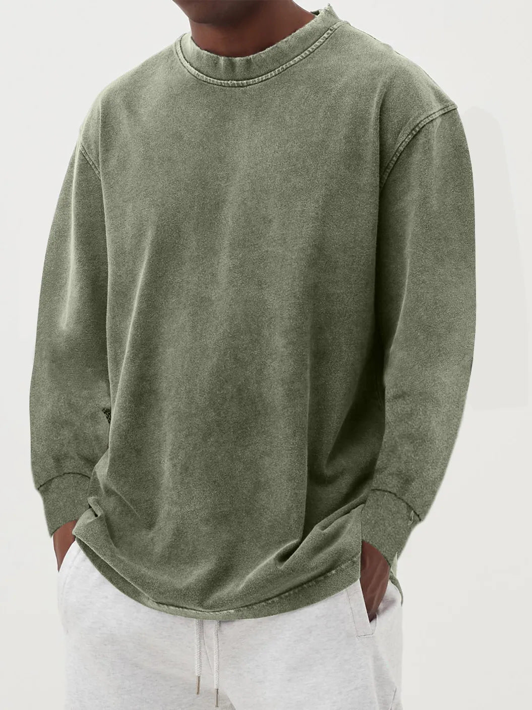 Washed Old Solid Color Men's Long-sleeved T-shirt Olive - D&A