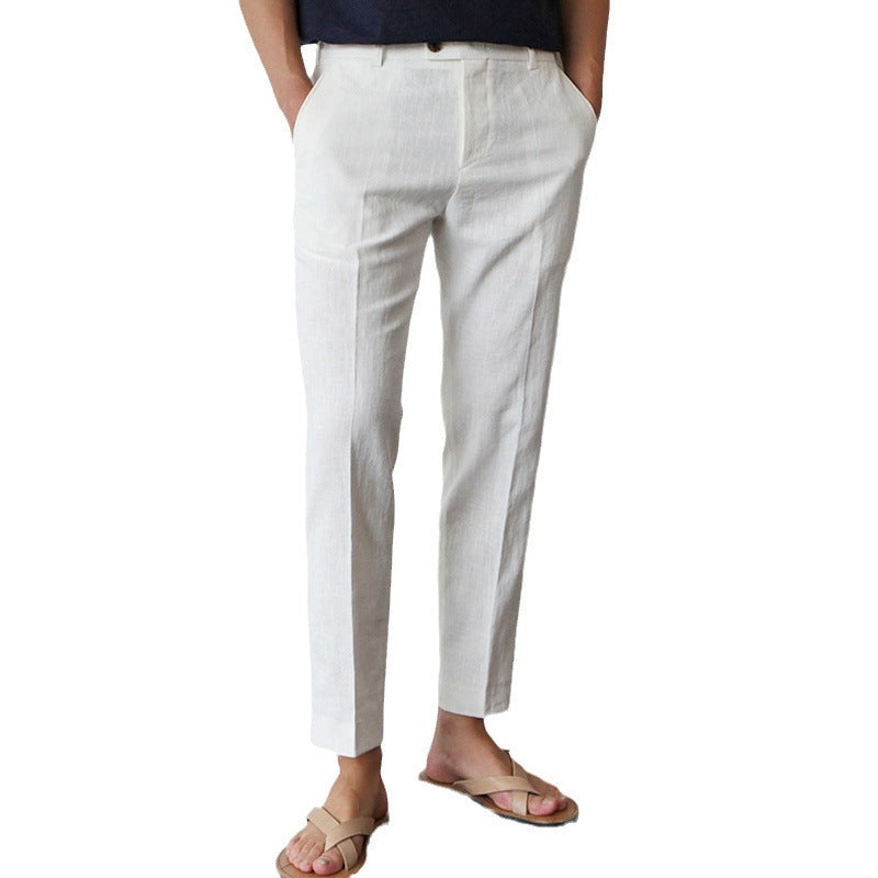 White For Men Cotton Fabric Cropped Linen Trousers - D&A