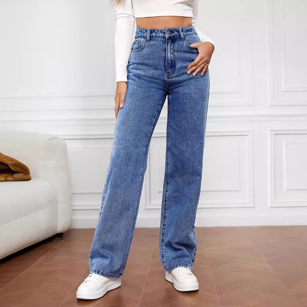 Washed Fashion Straight Jeans Women's Mid Waist - D&A