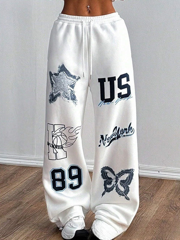 Women's Printed Drawstring Straight Sports Casual Pants - D&A