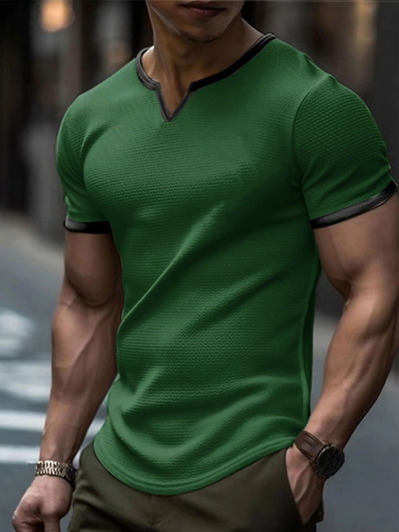 Color-block V Neck Outdoor Sports Waffle T-shirt Army Green - D&A