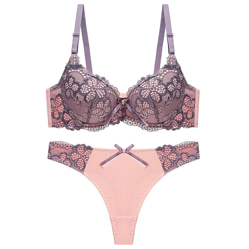 Underwear Push Up Lace Bra Adjustable Bra Set Purple - D&A