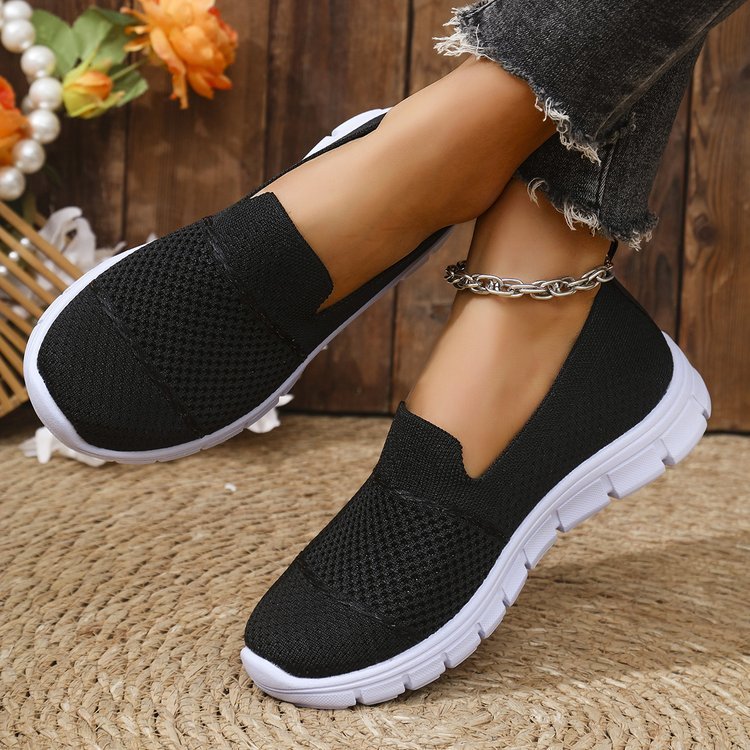 Mesh Breathable Flat Solid Color Casual Shoes For Women Black - D&A