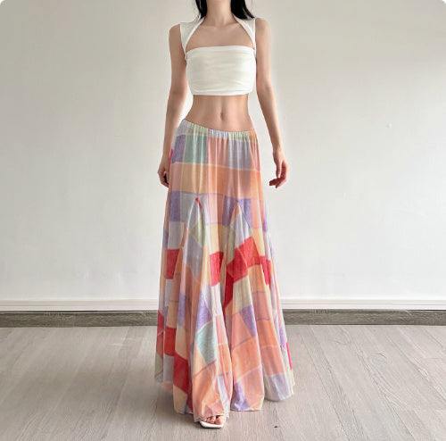 Colorful Flower Niche Artistic Colorblock Plaid Skirt - D&A