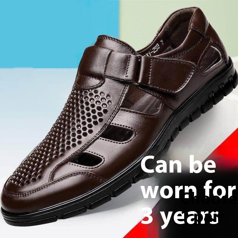 Men's Business Casual Hollow Work With Holes Leather Sandals 1666 Brown - D&A