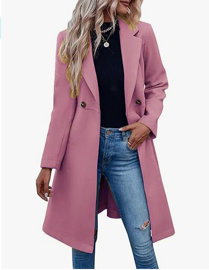 Long Woolen Women's Waist-controlled Lace-up Double Breasted Coat Pink - D&A