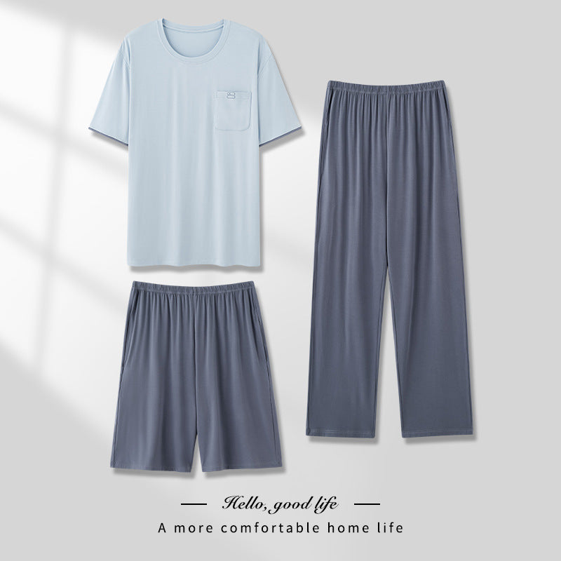 Men's Pajamas Thin Spring And Summer Modal Short-sleeved Trousers Three-piece Home Wear Suit QK1683 - D&A
