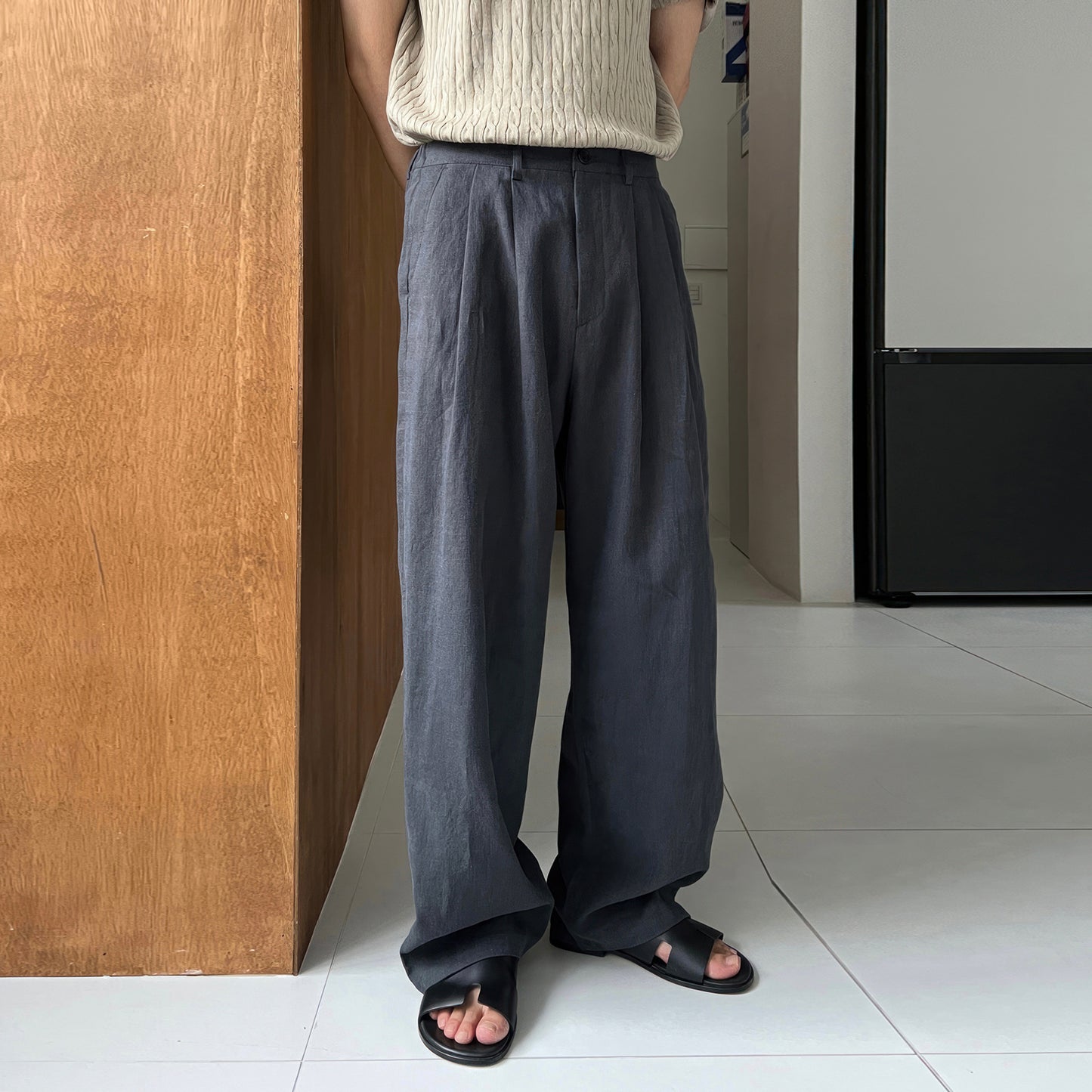 Army Green Linen Leisure Trousers Men's Japanese Dark Blue - D&A