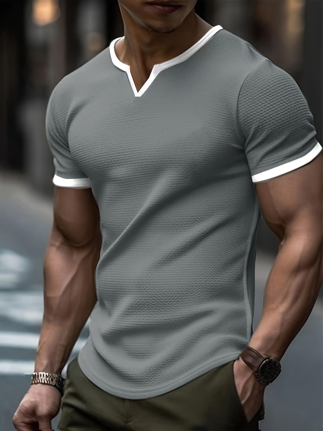 Color-block V Neck Outdoor Sports Waffle T-shirt Gray - D&A