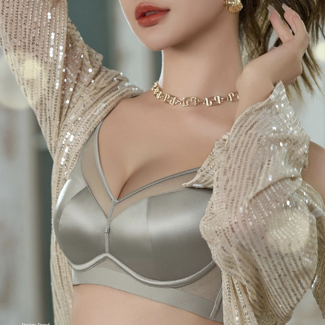 Satin Mesh Bra Medium-weight Cup Wireless Backless Bra Ice Gray - D&A