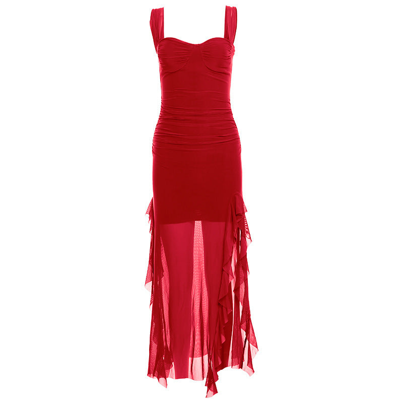 Spring New Women's Sexy Hot Girl Strap Tube Top Split Sheath Long Dress Red - D&A