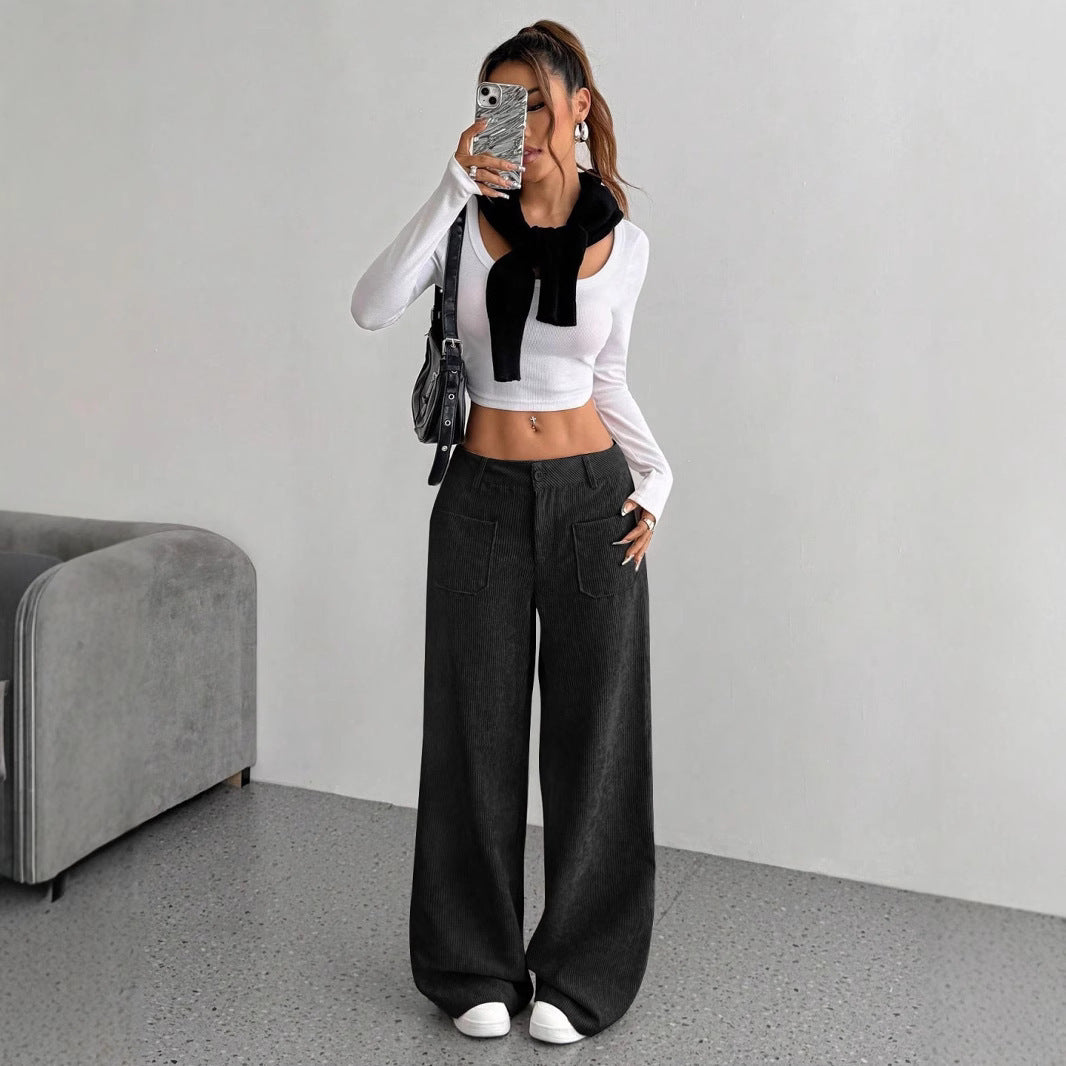 Corduroy Pants Women's Loose Fashion Casual Pants Black - D&A