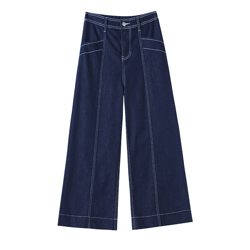 Stitching Double-line Wide-leg Denim Ankle-length Pants Women - D&A