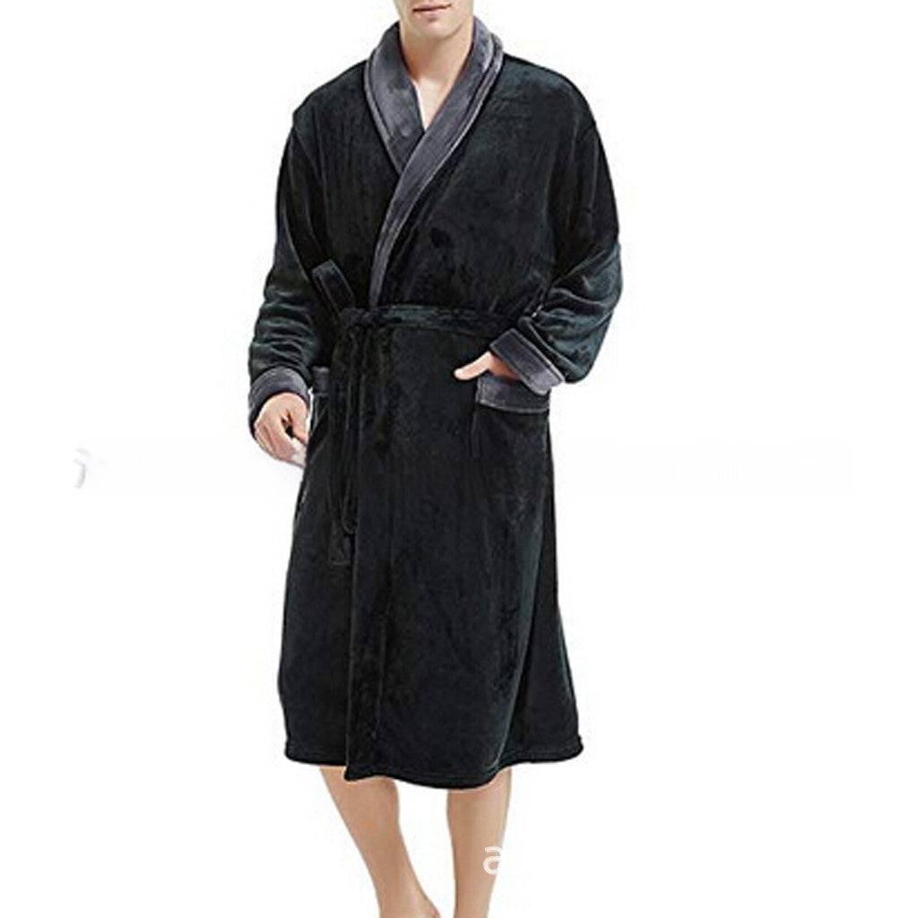 Men's Large Size Bathrobe Long Sleeve Nightgown Lapel Black With Gray - D&A