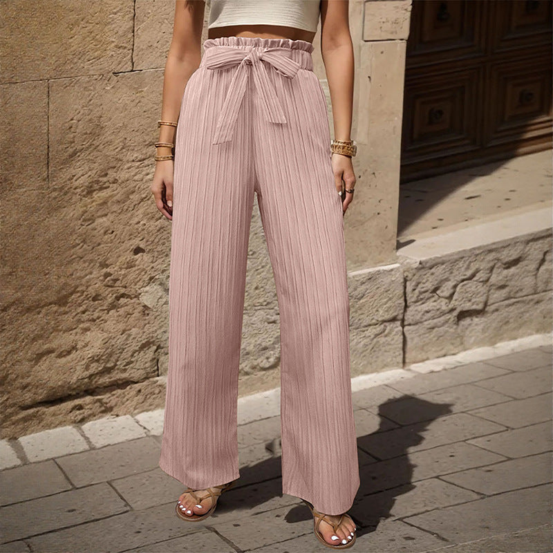 Tied Lotus Leaf Elastic Trousers Pink - D&A