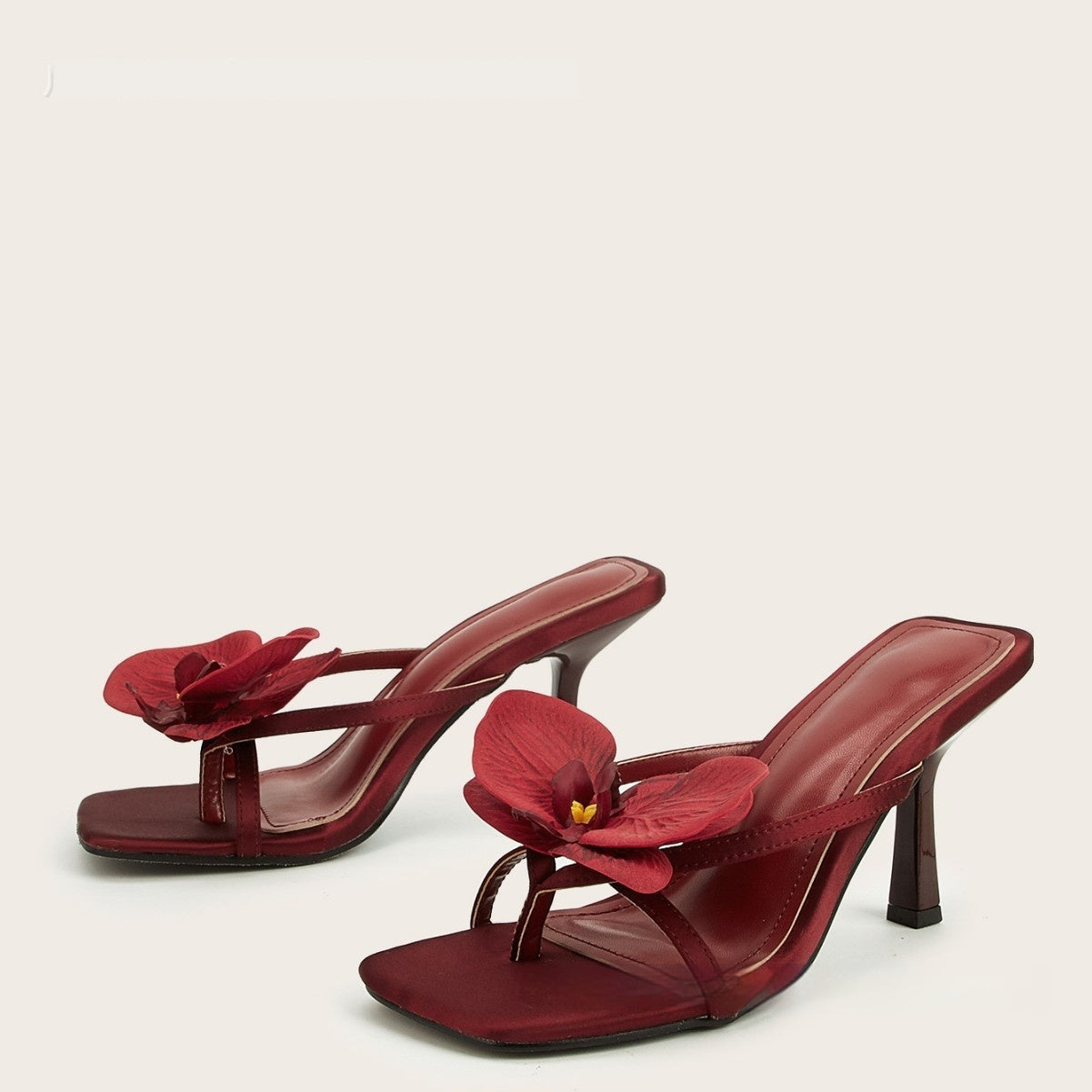 Wine Red Meiko Flower Decorative Flip-toe Square Toe High Heel Sandals Wine Red - D&A