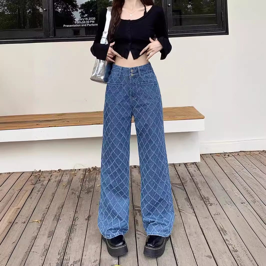 Summer Ladies New Loose Drooping Slimming Jacquard Design Straight-leg Denim Trousers - D&A