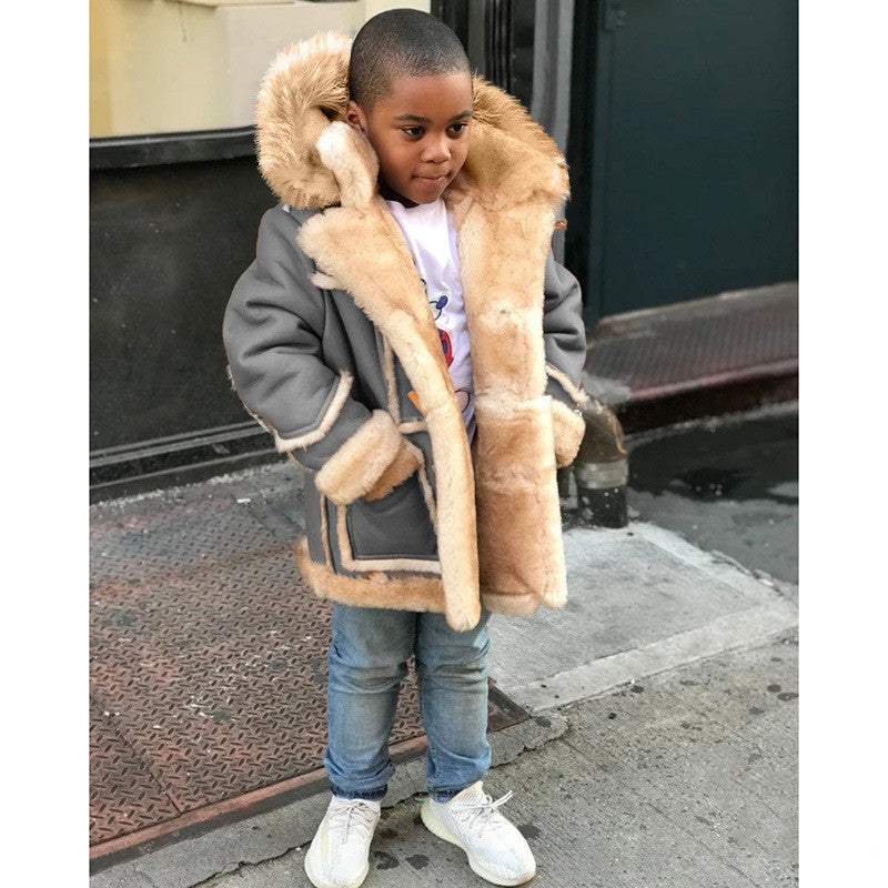 Boys' Warm Fur All-in-one Fashion Hooded Jacket Grey - D&A