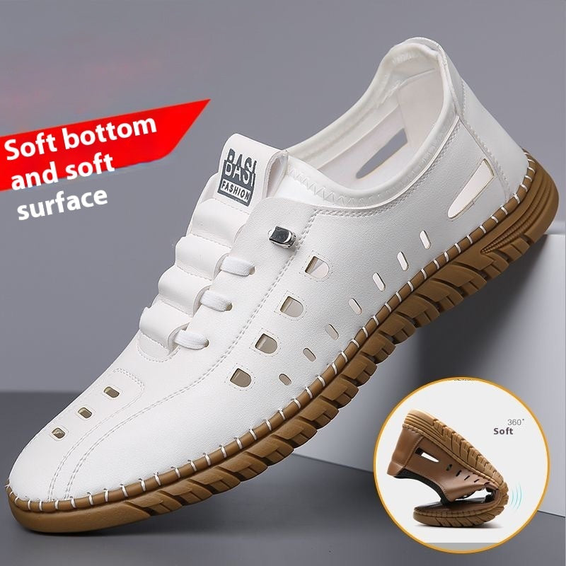 Hollow Breathable White Shoes Hole Shoes Soft Bottom Men Slip-on Leather Sandals - D&A
