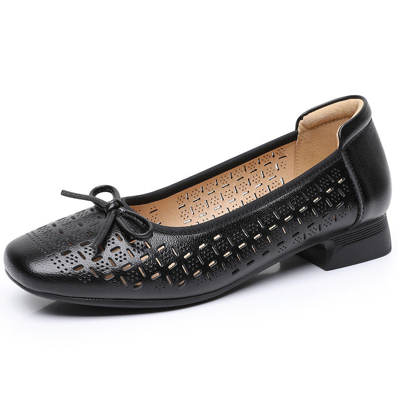 Summer Genuine Leather Breathable Low-cut Women's Shoes Black - D&A