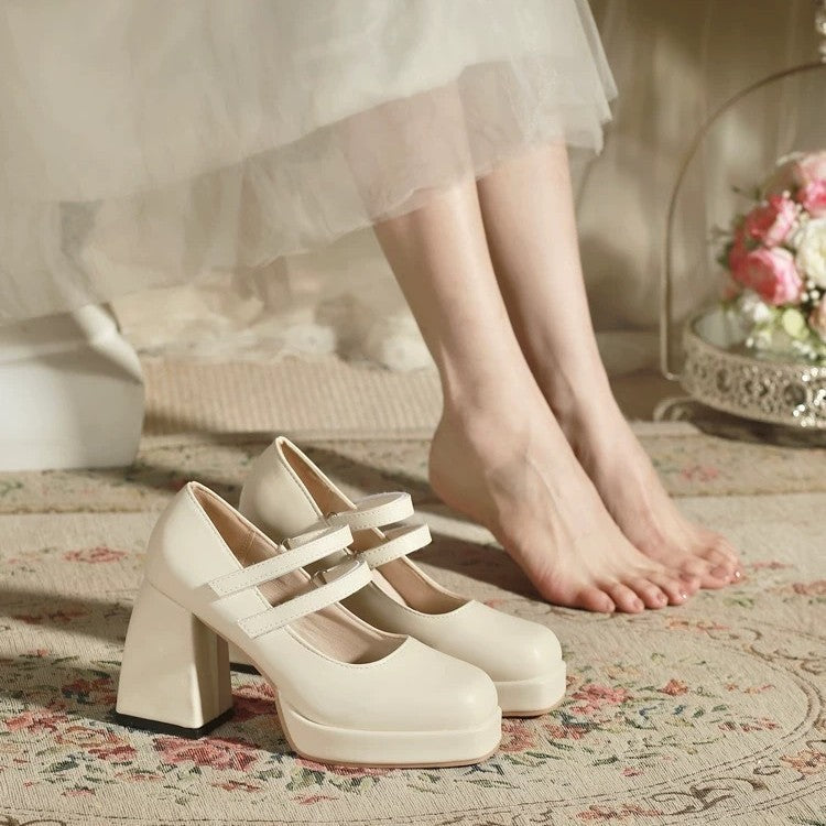 White Mary Jane Chunky Heel Wedding Shoes - D&A