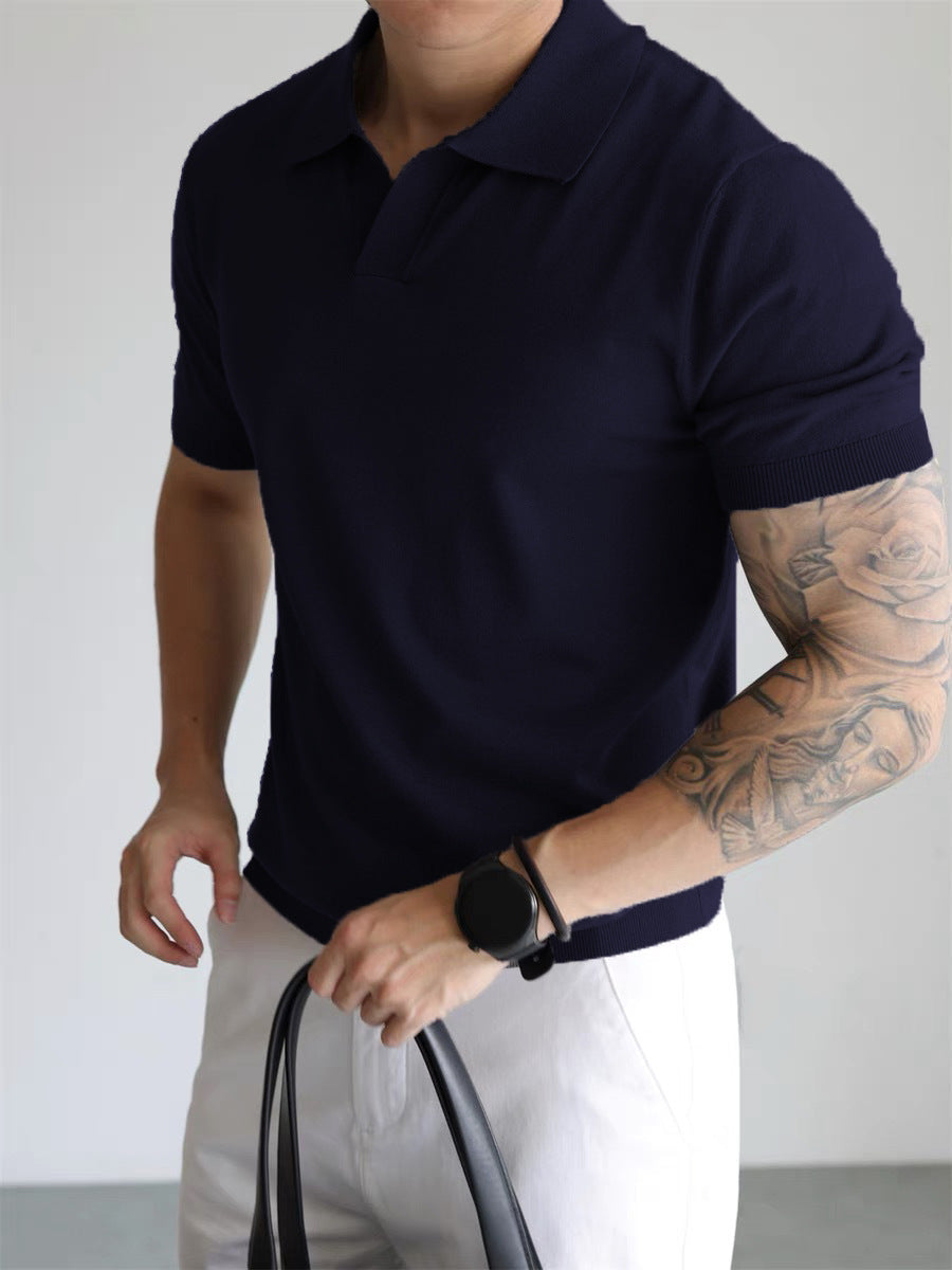 Summer Men's Cool Loose Lapels T-shirt Navy Blue - D&A