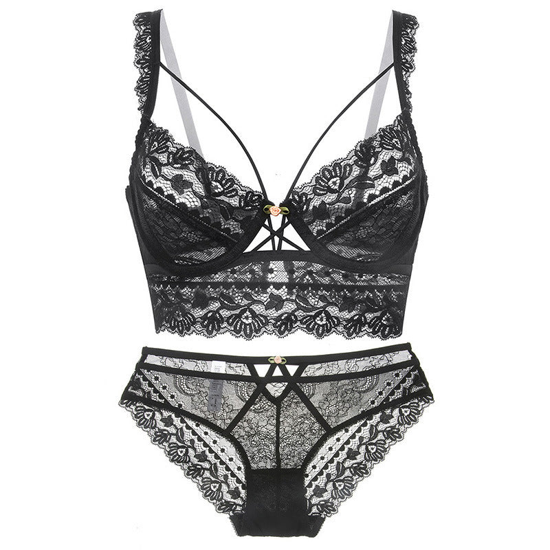 Ultra-thin Transparent Bra Sexy Lace Ladies Underwear Bra Set Black - D&A