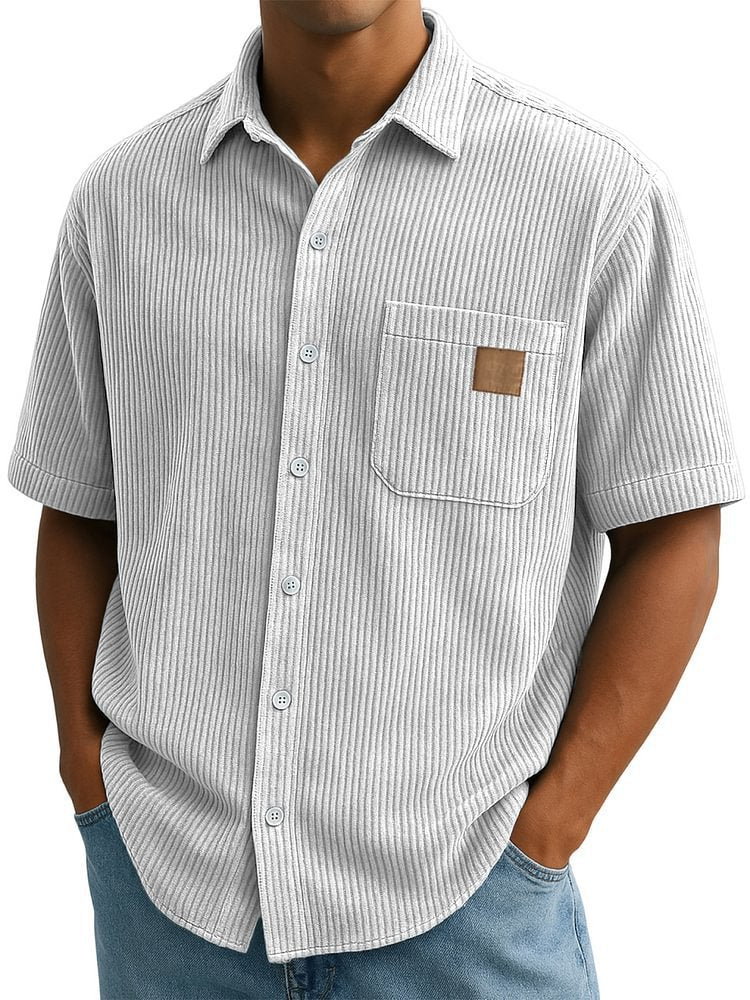 Versatile Leisure Corduroy Leather Sticker Pocket Short Sleeve Shirt White - D&A