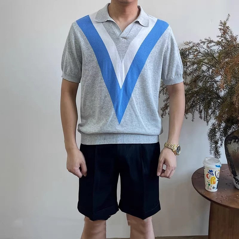 V-neck Short-sleeved Sweater Men's Striped Gray - D&A