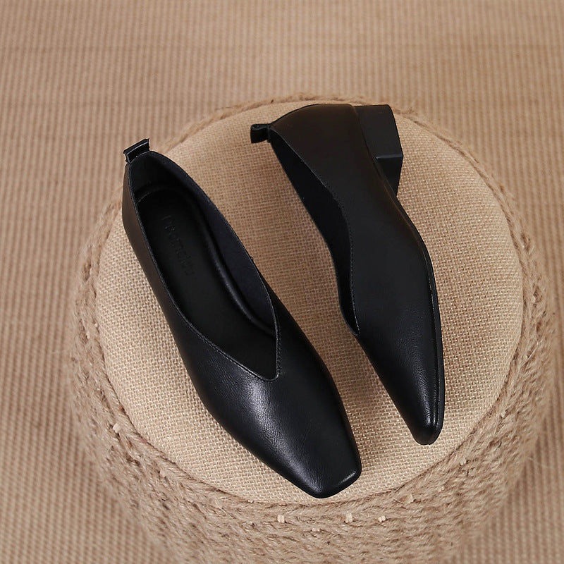 Square Toe Granny Shoes Flat Low-cut Shoes Casual All-matching Black - D&A