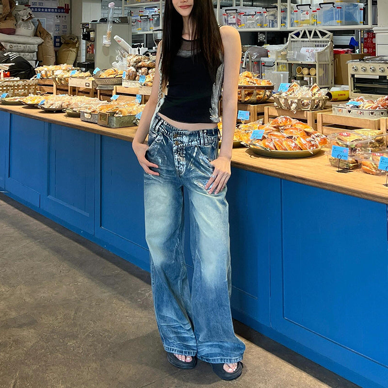 Irregular Waist Straight Design Sense Niche Retro Distressed Lengthened Mop Pants Blue - D&A