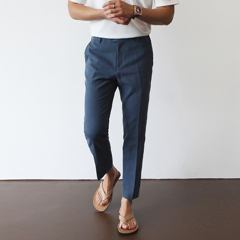 White For Men Cotton Fabric Cropped Linen Trousers - D&A