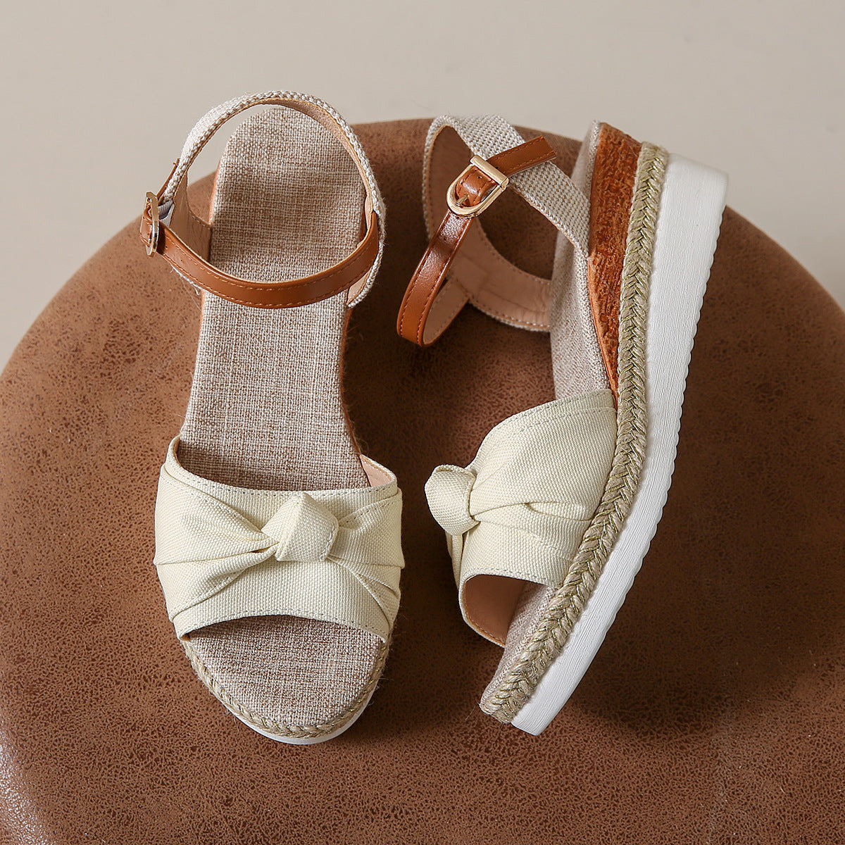Bowknot Fashion Sandals Fish Mouth Buckle Rope Bottom Beige - D&A