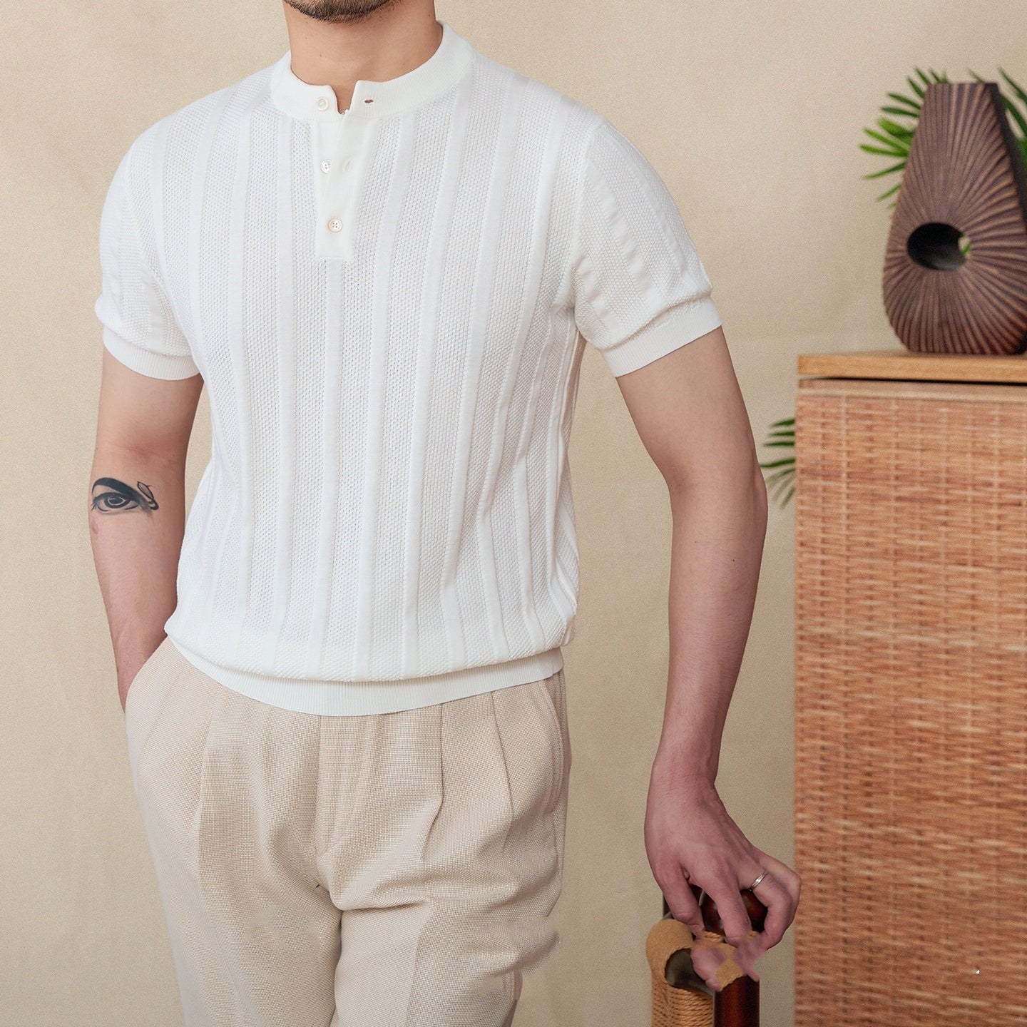 Cotton Sunken Stripe Henry Collar Casual Men's Knitted Short-sleeved T-shirt Beige - D&A