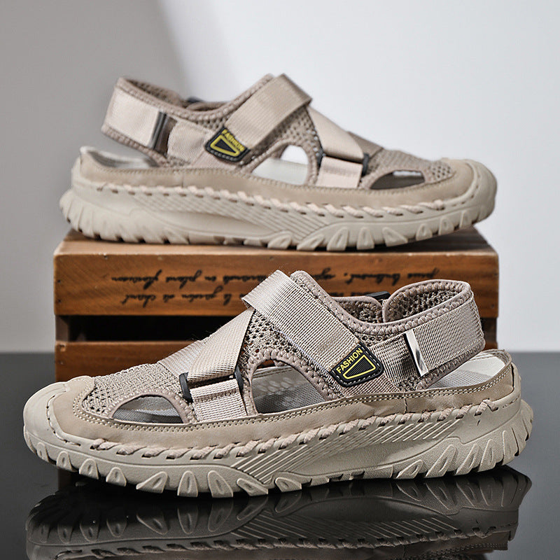 Summer Men's Hollow Mesh Surface Breathable Trendy Casual Shoes All-matching Sandals Milk Tea Color - D&A