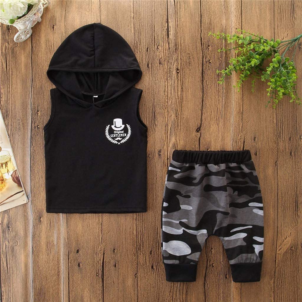 2PCS Toddler Kids Baby Boy Sleeveless Hooded Clothes T-shirt Tops Camo Pants Outfits - D&A
