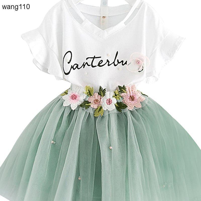 Summer Kids Girls Clothing Sets 2 pcs T-shirt Hole Pants Set Green - D&A