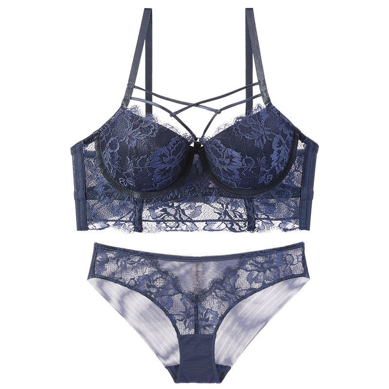 Lingerie Feminine Lace Bra Set With Underwire Bra Blue - D&A