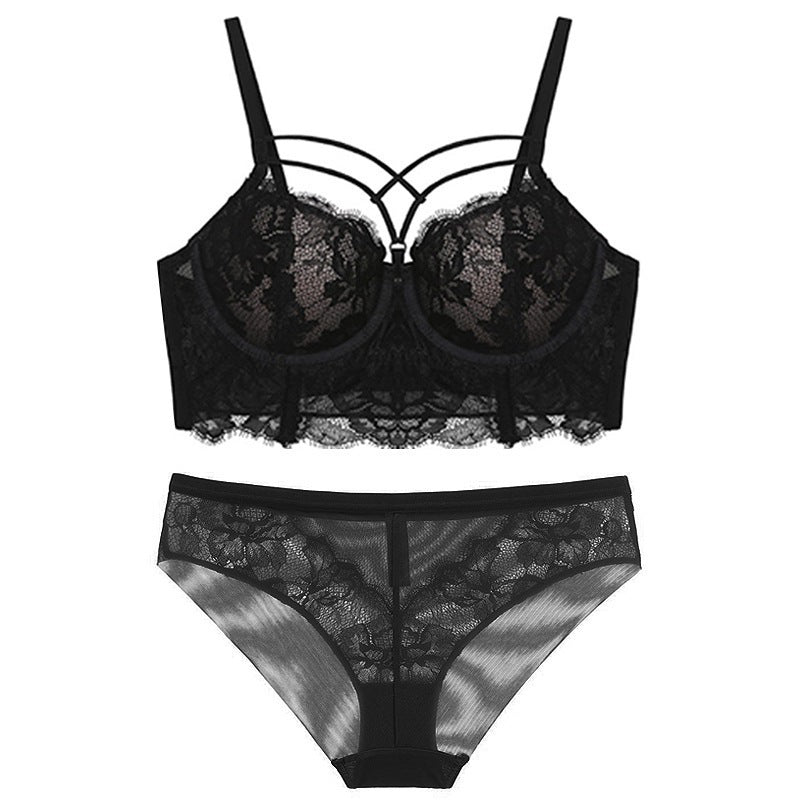 Lingerie Feminine Lace Bra Set With Underwire Bra Black - D&A