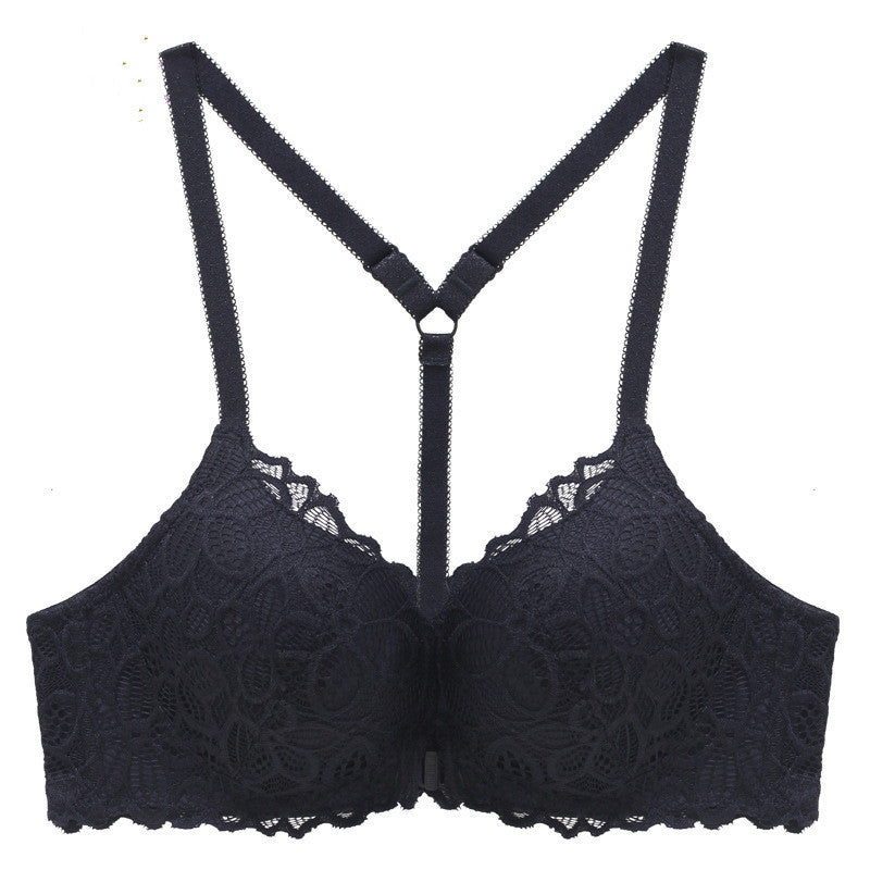 Front Button Bra Lace Without Steel Ring Bra Black - D&A