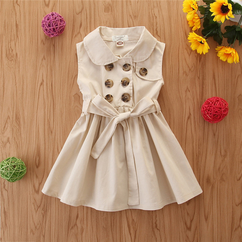 Summer Toddler Baby Girl Dress Kids Princess Casual Sleeveless Sash Button Party A-Line Dress Children Clothing 1-6Y White - D&A