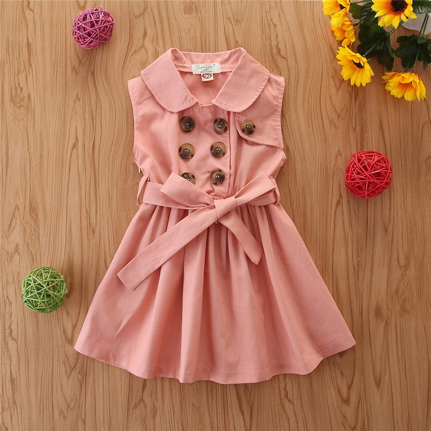 Summer Toddler Baby Girl Dress Kids Princess Casual Sleeveless Sash Button Party A-Line Dress Children Clothing 1-6Y Pink - D&A