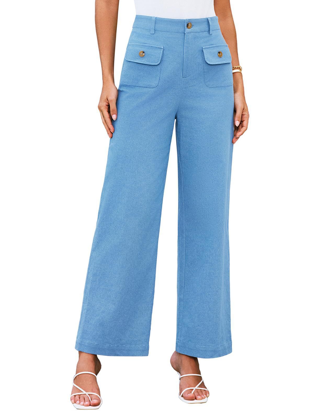 Women's High Waist Wide Leg Pants Stretch Casual Pants Light Blue - D&A