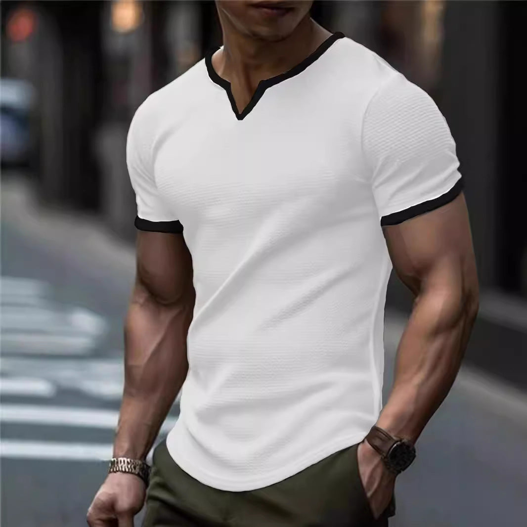 Color-block V Neck Outdoor Sports Waffle T-shirt - D&A
