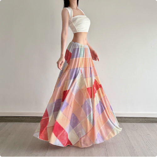 Colorful Flower Niche Artistic Colorblock Plaid Skirt - D&A