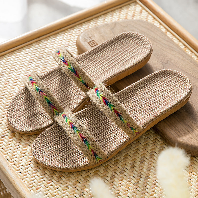 Women's Indoor Floor Platform Non-slip Flip-flops Household Slippers Beige Jacquard Stripes - D&A