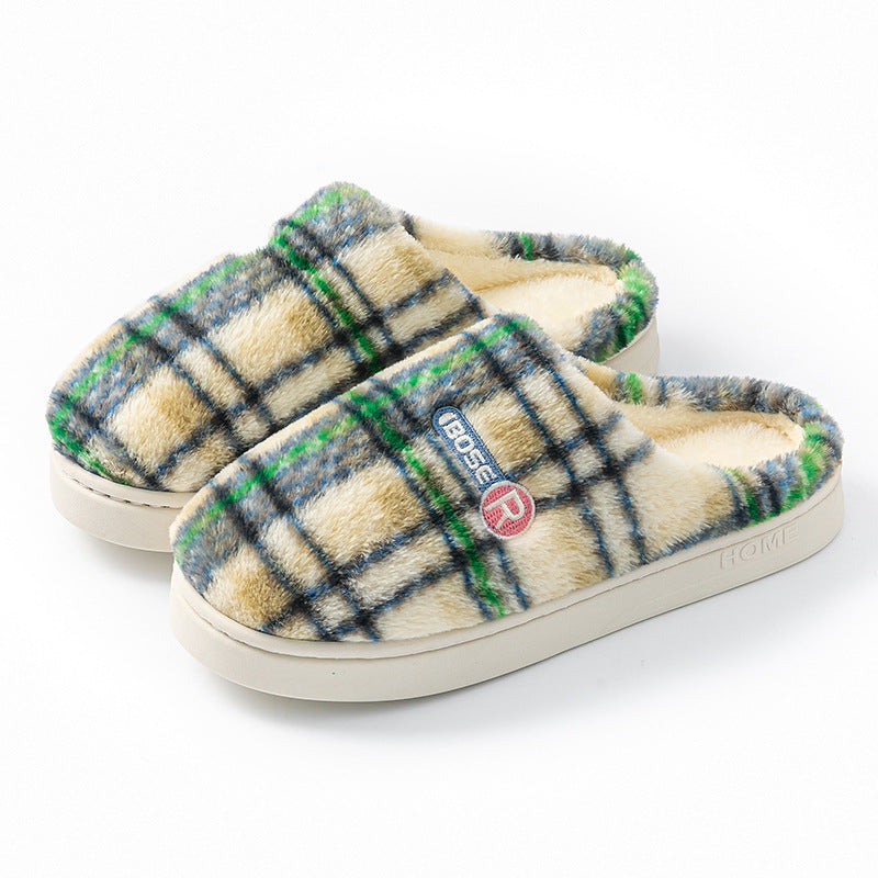 Women's Home Plush Warm Non-slip Plaid Cotton Shoes A857 Green - D&A