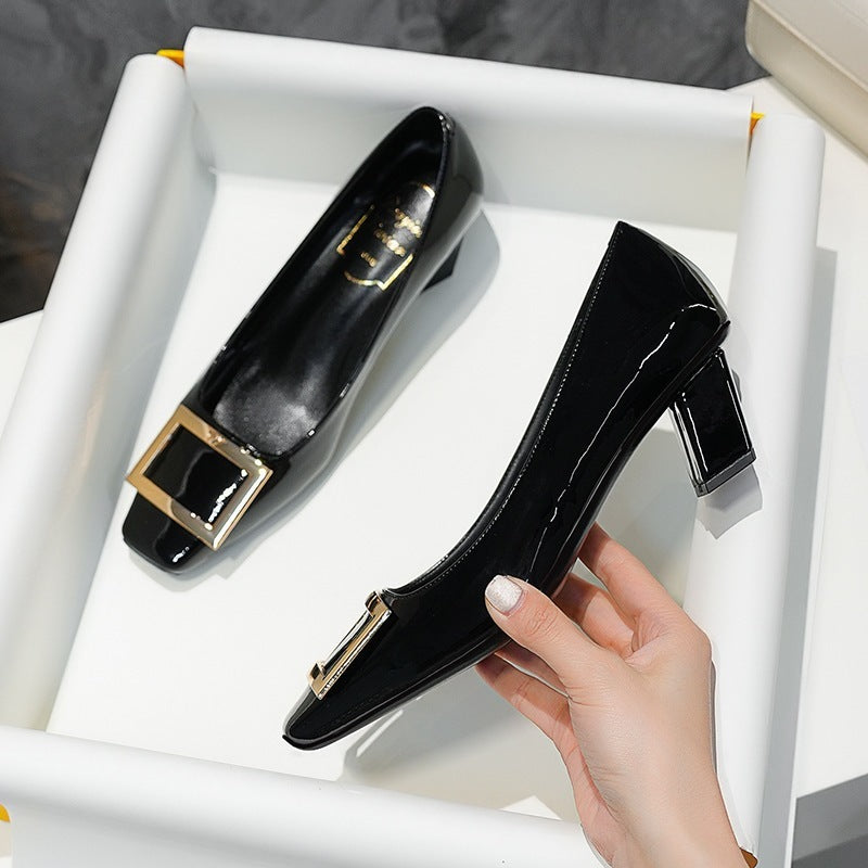 Square Buckle Flats Patent Leather Square Toe Low-cut Shoes Black 4cm - D&A