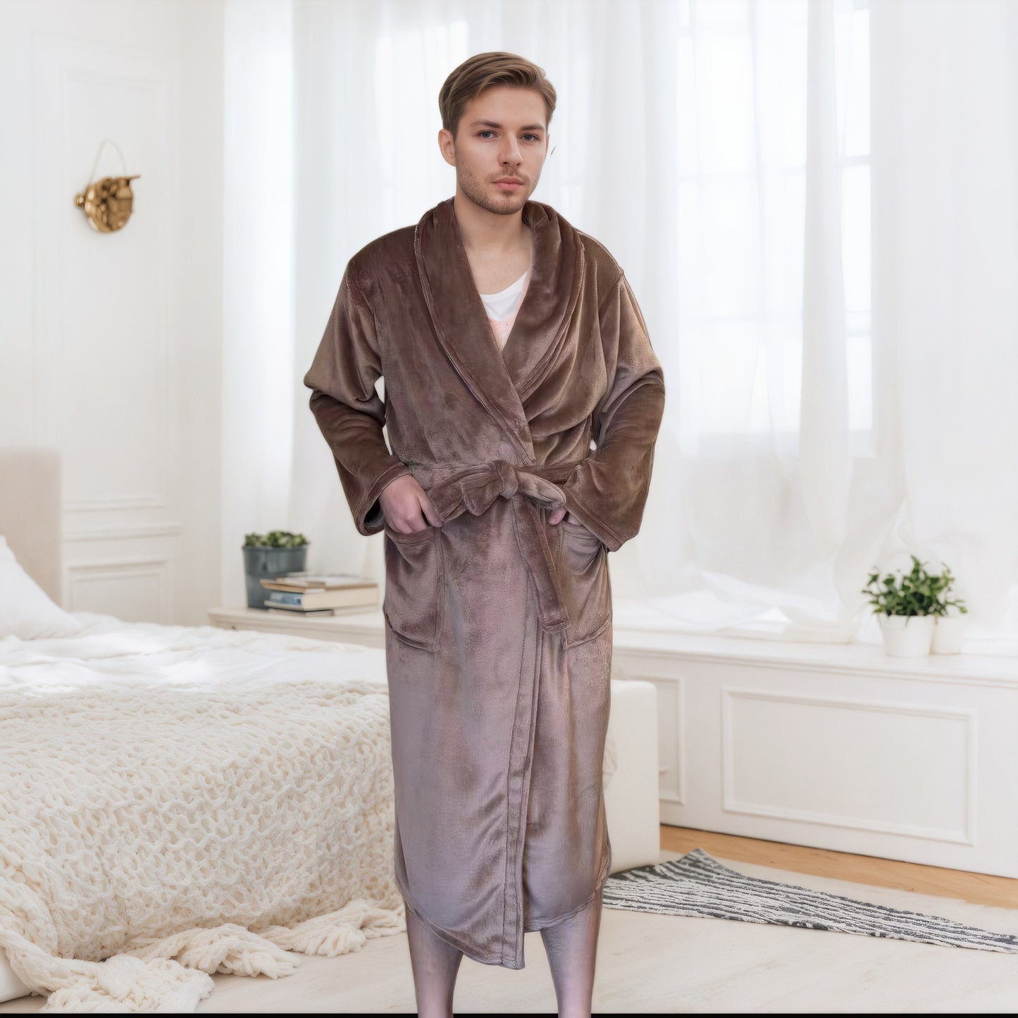 Couple Bathrobe Long Pajamas Homewear Camel L - D&A